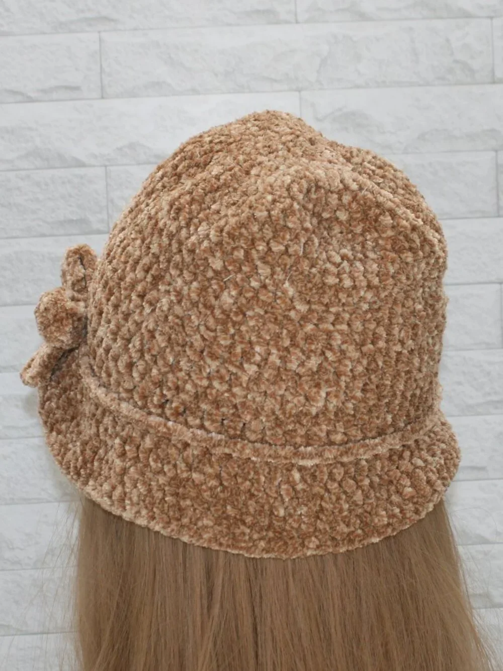 HAND CRAFTED Hat Crochet Bucket Chenille Floppy Winter Wide Brim Tan Marled